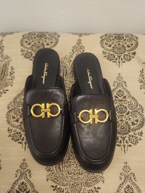 Salvatore Ferragamo Black Leather Gancini Backless Mules with Gold Hardware